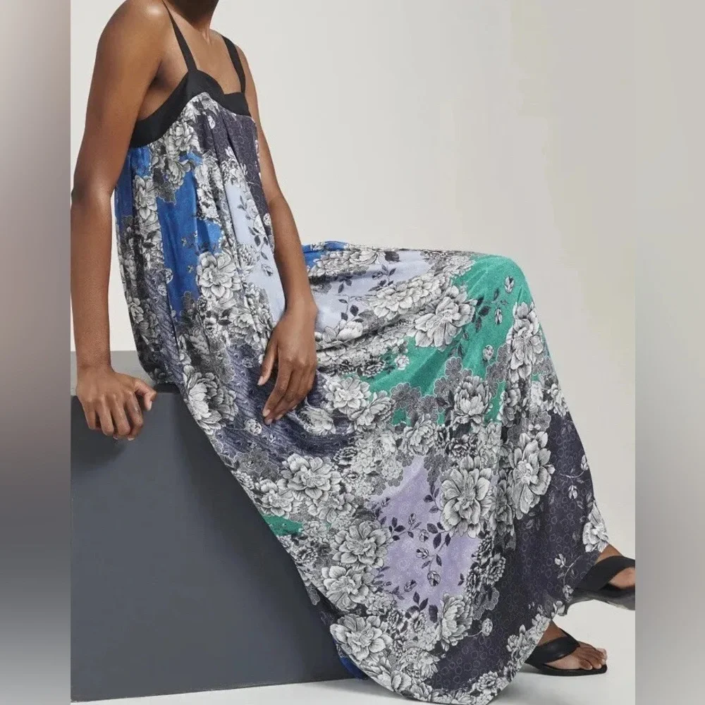 Anthropologie Atsu Black Multi Motif Floral Printed Square Neck Maxi Dress NWT M